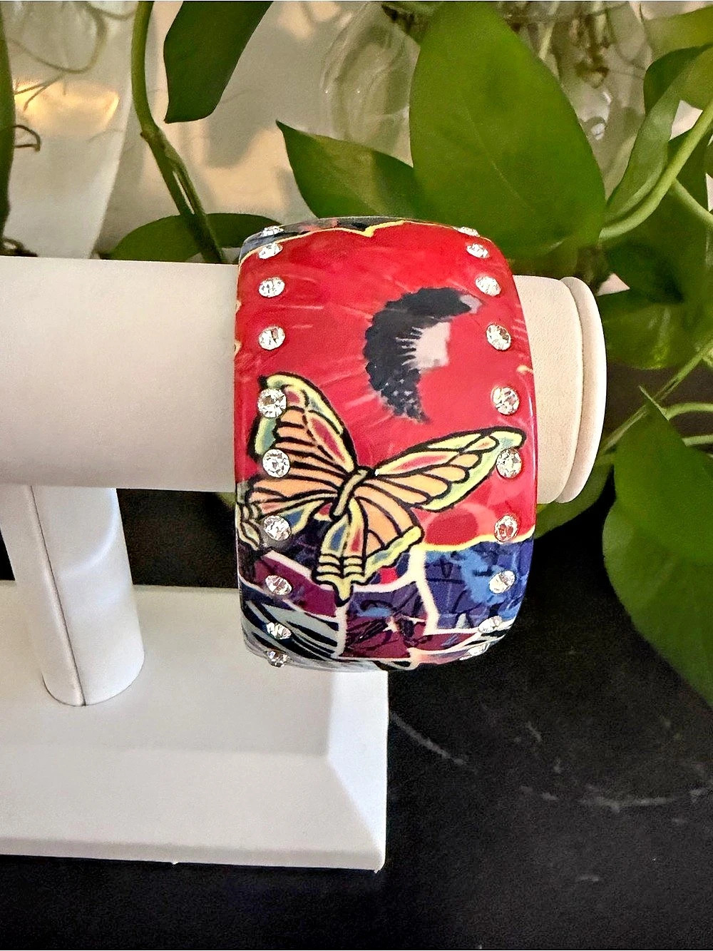 Vintage Ed Hardy Wide Cuff Lucite & Rhinestone Tattoo Bracelet